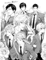 1girl 6+boys blush closed_mouth collared_shirt commentary_request flower fujioka_haruhi glasses greyscale hair_between_eyes haninozuka_mitsukuni highres hitachiin_hikaru hitachiin_kaoru lllistn looking_at_viewer monochrome morinozuka_takashi multiple_boys necktie ootori_kyouya ouran_high_school_host_club rose school_uniform shirt short_hair siblings sparkle suou_tamaki swept_bangs twins twitter_username