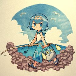 1girl bad_id bad_twitter_id blue_eyes blue_hair blue_sailor_collar blush bucket capri_pants chinchou cloud cloudy_sky creatures_(company) fishing_rod game_freak gen_2_pokemon gen_3_pokemon hairband highres holding hook lana_(pokemon) nintendo ocean pants pokemon pokemon_(creature) pokemon_sm sailor_collar sandals sasa_kichi shirt short_hair sky sleeveless smile swimsuit swimsuit_under_clothes texture traditional_media wingull