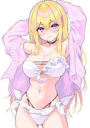 1girl ahoge armpits arms_up bare_shoulders bikini black_choker blonde_hair breasts choker cleavage closed_mouth commentary_request cowboy_shot cu-no frilled_bikini frills gluteal_fold hair_ornament hairclip hakurei_botan highres hisen_kaede jacket large_breasts long_hair looking_at_viewer mouth_hold navel off_shoulder open_clothes open_jacket original pink_jacket purple_eyes side-tie_bikini_bottom smile solo stomach swimsuit thighs very_long_hair white_bikini
