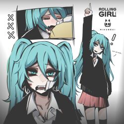 ! 1girl absurdres alternate_costume arm_up artist_name black_sweater blood blood_on_face blue_eyes blue_hair closed_eyes collared_shirt commentary crying crying_with_eyes_open double-parted_bangs english_commentary english_text fang fangs gauze gauze_on_face glitch hair_between_eyes hatsune_miku highres injury long_hair long_sleeves looking_at_viewer mikuneki multiple_views open_mouth pink_skirt pointing pointing_up rolling_girl_(vocaloid) shirt simple_background skin_fang skirt sweater tears twintails vocaloid white_background white_shirt