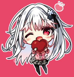 Rule 34 | 1girl, ;d, black pantyhose, black ribbon, black skirt, blush stickers, cardigan, chibi, chibi only, commentary request, grey hair, hair between eyes, hair ribbon, happy, heart, holding, holding heart, long hair, looking at viewer, miniskirt, one eye closed, open mouth, original, outline, pantyhose, pink cardigan, plaid clothes, plaid skirt, pleated skirt, red background, red eyes, ribbon, shirayuki yumeka, simple background, skirt, smile, solo, standing, very long hair, white outline, yuzuna hiyo