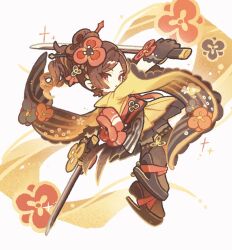 1girl brown_gloves brown_hair brown_sandals brown_skirt brown_thighhighs chiori_(genshin_impact) closed_mouth commentary full_body genshin_impact gloves hair_ornament hair_stick harukui highres holding holding_sword holding_weapon japanese_clothes kimono long_hair long_sleeves looking_at_viewer pleated_skirt ponytail red_eyes sandals skirt solo sword thighhighs weapon white_background wide_sleeves yellow_kimono
