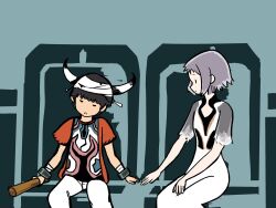 1boy 1girl artist_request bandages black_hair closed_eyes dress grey_hair highres horns ico ico_(character) open_mouth pointy_ears short_hair sitting sleeping sleeping_upright tabard white_dress yorda