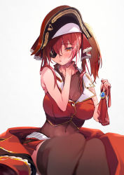 1girl amana_(pocketkey) arrow_through_heart ascot ascot_removed bicorne black_hat black_thighhighs blush bodystocking breasts brooch_removed cleavage coat collar eyepatch frilled_collar frills hair_between_eyes hair_ribbon hat highres holding_neckwear hololive houshou_marine jewelry large_breasts long_hair looking_to_the_side miniskirt open_mouth pirate_hat pleated_skirt red_ascot red_coat red_eyes red_hair red_ribbon red_skirt red_vest ribbon see-through_clothes see-through_cleavage simple_background sitting skirt sleeveless solo sweat thighhighs twintails unworn_coat vest virtual_youtuber white_background zettai_ryouiki
