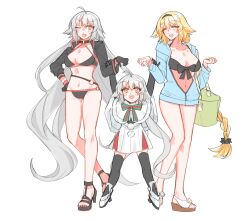 3girls age_difference ahoge bikini black_bikini black_choker black_gloves black_hairband black_jacket black_thighhighs blue_jacket blush bow bowtie breasts brown_sandals choker closed_eyes commentary dress english_commentary fang fate/grand_order fate_(series) gloves grey_hair hairband hand_on_own_hip hands_on_another&#039;s_arm high_heels highres jacket jeanne_d&#039;arc_(fate) jeanne_d&#039;arc_(swimsuit_archer)_(fate) jeanne_d&#039;arc_(swimsuit_archer)_(first_ascension)_(fate) jeanne_d&#039;arc_alter_(fate) jeanne_d&#039;arc_alter_(swimsuit_berserker)_(fate) jeanne_d&#039;arc_alter_santa_lily_(fate) long_hair long_sleeves low-braided_long_hair low-tied_long_hair medium_breasts multiple_girls multiple_persona navel one_eye_closed open_mouth partially_open_jacket rabbit4037 sandals santa_costume santa_dress simple_background smile swimsuit teeth thighhighs upper_teeth_only very_long_hair white_background yellow_eyes