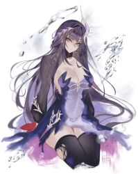 Rule 34 | 1girl, black hair, black thighhighs, blue dress, breasts, cleavage, commentary, dress, hair ornament, highres, honkai: star rail, honkai (series), hysilens (honkai: star rail), large breasts, long hair, looking at viewer, purple eyes, s7nsles, see-through clothes, see-through dress, seiza, shrug (clothing), simple background, sitting, solo, thighhighs, thighs, torn clothes, torn thighhighs, very long hair, white background
