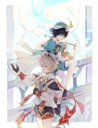 2boys :d absurdres ahoge aqua_hair artist_name beret black_bow black_bowtie black_capelet black_gloves black_hair black_shoes black_shorts book border bow bowtie braid cape capelet closed_eyes closed_mouth collared_cape dahlia_(genshin_impact) energy feathers floating_hair flower frilled_sleeves frills genshin_impact gloves gradient_hair green_cape green_hat green_shorts hair_between_eyes hair_flower hair_ornament hand_up hat highres holding holding_book holding_instrument holding_lyre huhu_norii instrument long_sleeves lyre male_focus medium_hair multicolored_hair multiple_boys music open_mouth outside_border pantyhose pink_hair playing_instrument puffy_long_sleeves puffy_shorts puffy_sleeves red_cape shirt shoes short_hair short_shorts shorts side_braids singing sitting smile stained_glass standing tassel twin_braids twitter_username two-sided_cape two-sided_fabric u_u venti_(genshin_impact) white_border white_flower white_hat white_pantyhose white_shirt wind window
