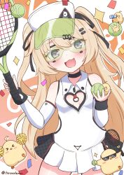 1girl :d azur_lane bache_(azur_lane) bache_(showy_sports_star)_(azur_lane) ball bare_shoulders blonde_hair blush breasts clothing_cutout collared_dress commentary_request detached_sleeves dress fang hair_between_eyes hands_up happy heart_cutout highres holding holding_ball holding_tennis_racket long_hair looking_at_viewer manjuu_(azur_lane) oboroillust open_mouth purple_eyes racket small_breasts smile solo standing sunglasses tennis_ball tennis_racket very_long_hair visor_cap white_dress