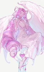 1girl angel angel_wings barefoot breasts cleavage colored_skin cookie_run cookie_run:_kingdom curly_hair eternal_sugar_cookie f4d1a6 highres looking_at_viewer pink_eyes pink_hair pink_skin toga wing_eyes wings
