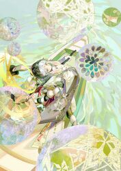 1boy black_hair boat closed_mouth floral_print flower from_above grey_hair highres holding japanese_clothes kimono long_sleeves looking_at_viewer looking_up male_focus onmyoji onmyoji:_the_card_game short_hair solo tassel usagimaru_(onmyoji) water watercraft white_hair yinzinmiemie