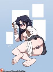 1girl anus ass bad_id bad_twitter_id between_legs black-framed_eyewear black_hair blouse blue_eyes book breasts breasts_out cleft_of_venus clothed_masturbation clothes_pull feet female_focus female_masturbation female_pubic_hair full_body glasses hand_between_legs heavy_breathing inverted_nipples legs_together long_hair lying masturbation medium_breasts nipples no_bra no_shoes noise_tanker on_side open_book open_clothes open_shirt panties panty_pull pantyhose pantyhose_pull pubic_hair pussy pussy_juice read_or_die reading see-through_clothes see-through_legwear shirt skirt soles solo toes uncensored underwear vest yomiko_readman