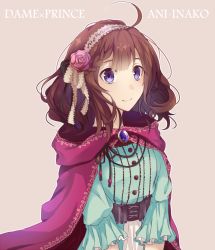10s 1girl ahoge ani_inako blue_eyes brooch brown_hair cape character_name copyright_name dame_x_prince female_focus flower hair_flower hair_ornament headdress hood hood_down jewelry nanahi_tsubaki short_hair smile solo
