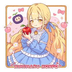 1girl apple blonde_hair blue_dress blue_ribbon closed_mouth collared_dress commentary_request dress food fruit hair_ribbon holding holding_food holding_fruit long_hair long_sleeves looking_at_viewer low_twintails onyhakase original ribbon smile solo twintails very_long_hair yellow_eyes