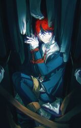 2boys absurdres ahoge aizendai aotsuki_eito black_pants black_streaks blue_eyes bound bound_arms bound_fingers bound_legs chinese_commentary closet commentary english_commentary gag gloves grey_jacket highres hood hoodie improvised_gag jacket male_focus mixed-language_commentary multicolored_hair multiple_boys necktie nervous_sweating out_of_frame pants red_hair red_necktie shoes short_hair streaked_hair sumino_takumi sweat tape tape_gag the_hundred_line_-last_defense_academy- trapped unworn_clothes white_hoodie white_shoes