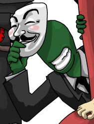 4chan anonymous_(4chan) beardbeyond black_suit business_suit colored_skin faceless faceless_male formal_clothes green_skin guy_fawkes_mask hiding holding holding_mask looking_at_viewer mask peeking peeking_out smile suit teeth
