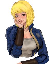 Rule 34 | 1girl, blonde hair, blue eyes, bob cut, bodysuit, breasts, cleavage, fallout, fallout 4, hand on own face, highres, jacket, jumpsuit, kkghost tv, large breasts, looking at viewer, open clothes, open jacket, smile, tank top, vambraces, vault girl, vault suit, white background
