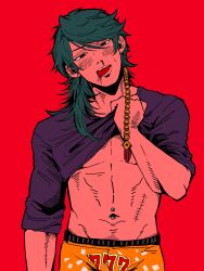 1boy 777 abs aqua_hair arisugawa_dice asymmetrical_hair barbell_piercing black_shirt blood blood_on_face blush boxers clothes_lift colored_skin cowboy_shot dice_hair_ornament gachimask groin hair_ornament hair_over_shoulder hatching_(texture) head_tilt highres hypnosis_mic licking_blood lifting_own_clothes linear_hatching looking_at_viewer male_focus male_underwear medium_hair narrowed_eyes navel_piercing nosebleed open_mouth parted_bangs piercing pink_skin red_background saturated shirt shirt_lift sleeves_pushed_up solo stitches straight-on sweatdrop thick_outlines tongue tongue_out underwear yellow_male_underwear