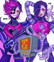 Rule 34 | 2boys, :d, aegyo sal, androgynous, android, arm behind head, arm up, character name, colored inner hair, commentary request, cowboy shot, eyeshadow, fewer digits, gloves, hair over one eye, halftone, heart, highres, holding, holding microphone, index finger raised, light particles, looking at viewer, ma e zo, makeup, male focus, mechanical arms, medium hair, mettaton, mettaton (box), mettaton ex, mettaton neo, microphone, multicolored hair, multiple boys, multiple persona, non-humanoid robot, one eye covered, open mouth, outline, pants, pink eyeshadow, pink hair, pinky out, purple hair, purple pants, recording, red eyes, robot, short hair, simple background, smile, sparkle, standing, streaked hair, teeth, two-tone hair, undertale, upper teeth only, v-shaped eyebrows, white background, white gloves, white outline