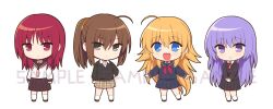 Rule 34 | 4girls, :d, a-pose, ahoge, alternate costume, angel beats!, arms at sides, black cardigan, black jacket, black sailor collar, black serafuku, black shirt, black skirt, blonde hair, blue eyes, blush, brown hair, brown sailor collar, brown skirt, cardigan, chibi, chibi only, closed mouth, collared shirt, commentary request, eyes visible through hair, frown, full body, girls dead monster, grey eyes, hair between eyes, hand on own hip, happy, highres, hisako (angel beats!), irie miyuki, iwasawa masami, jacket, kneehighs, long hair, looking at viewer, medium hair, miniskirt, multiple girls, nakamura hinato, neck ribbon, neckerchief, open mouth, pink neckerchief, pleated skirt, ponytail, purple eyes, purple hair, red eyes, red hair, red neckerchief, red ribbon, ribbon, sailor collar, sample watermark, school uniform, sekine shiori, serafuku, shirt, side-by-side, sidelocks, simple background, skirt, sleeves past wrists, smile, socks, spiked hair, standing, straight hair, v arms, very long hair, watermark, white background, white shirt, white socks