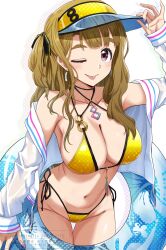 1girl bikini blue_innertube breasts brown_eyes brown_hair cleavage commentary_request highleg highleg_bikini highres idolmaster idolmaster_million_live! idolmaster_million_live!_theater_days jacket jewelry large_breasts miyao_miya navel necklace one_eye_closed run_p_(aveton) side-tie_bikini_bottom simple_background solo swimsuit thick_eyebrows thigh_gap two_side_up visor_cap watermark white_background white_jacket yellow_bikini