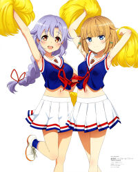 2girls :d abe_azumi absurdres anime_coloring ankle_socks arm_up armpits arms_up artist_request blue_eyes blue_shirt blue_socks blunt_bangs blush bow braid braided_ponytail breasts brown_eyes brown_hair cheerleader closed_mouth collarbone copyright_name copyright_notice cropped_shirt green_bow hair_bow hair_ribbon hand_on_own_hip high_school_fleet highres holding holding_pom_poms kawano_tsubame leg_up long_hair looking_at_viewer magazine_scan matching_outfits mc_axis medium_breasts midriff miniskirt multiple_girls navel official_art open_mouth pleated_skirt pom_pom_(cheerleading) pom_poms purple_hair red_ribbon ribbon scan shade shirt shoes short_hair side_braids sidelocks simple_background skirt sleeveless sleeveless_shirt smile socks standing standing_on_one_leg teeth upper_teeth_only white_background white_shoes white_skirt wispy_bangs