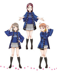 3girls ahoge artbook black_socks blue_eyes bow braid clothes_writing full_body grey_hair grey_skirt grin hachimaki hair_ornament hand_on_own_hip happi headband highres japanese_clothes kneehighs loafers long_hair looking_at_viewer love_live! love_live!_sunshine!! miniskirt multiple_girls non-web_source official_art one_eye_closed open_mouth orange_hair pleated_skirt red_eyes red_hair sakurauchi_riko salute shoes short_hair side_braid skirt smile socks standing takami_chika watanabe_you white_background yellow_bow yellow_eyes