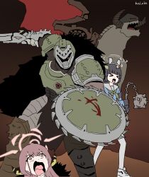 &gt;_&lt; 2girls absurdres animal_ear_hairband animal_ears armor aru_(blue_archive) black_hair blue_archive blue_shirt demon demon_girl demon_horns doom:_the_dark_ages doom_(series) doomguy fake_animal_ears green_necktie gun hairband highres holding holding_flail holding_gun holding_shield holding_weapon horns kai_xin long_hair miyu_(blue_archive) multiple_girls necktie open_mouth pantyhose rabbit_ear_hairband rabbit_ears red_hair sailor_collar shield shield_saw shirt shoes weapon white_hairband white_pantyhose white_sailor_collar white_shoes yellow_eyes