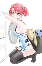 1girl agumon black_bra black_panties black_thighhighs blue_camisole blue_eyes blush bra breasts camisole digimon digimon_(creature) digimon_story:_cyber_sleuth from_side full_body gabumon highres kneeling looking_at_viewer medium_breasts mianbaoren panties parted_lips red_hair shiramine_nokia sideless_outfit smile solo_focus thighhighs twintails underwear washing_machine