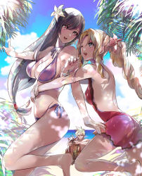 1boy 2girls absurdres aerith_gainsborough beach bikini black_hair blonde_hair bracelet braid brown_hair cloud_strife costa_del_sol covering_another&#039;s_eyes covering_own_eyes final_fantasy final_fantasy_vii final_fantasy_vii_remake flower highres jewelry long_hair low-tied_long_hair multiple_girls ocean one-piece_swimsuit palm_tree pointing ponytail purple_bikini red_flower red_one-piece_swimsuit red_xiii shoji_sakura spiked_hair square_enix straight_hair swimsuit tifa_lockhart tree wavy_hair white_flower