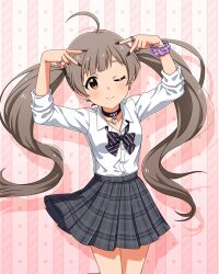 1girl :&gt; ;) ahoge anime_coloring bangle black_bow black_bowtie black_choker black_nails blunt_bangs bow bowtie bracelet breasts brown_hair choker closed_mouth collarbone collared_shirt concept_gyarus_(idolmaster) cowboy_shot diagonal-striped_bow diagonal-striped_bowtie diagonal-striped_clothes dot_nose double_gyaru_v ear_piercing eyelashes grey_skirt gyaru gyaru_v hakozaki_serika hands_up heart heart_choker idolmaster idolmaster_million_live! idolmaster_million_live!_theater_days jewelry light_blush light_smile long_hair looking_at_viewer loose_bowtie official_alternate_costume official_art one_eye_closed open_collar parted_bangs piercing pink_background plaid_clothes plaid_skirt pleated_skirt purple_scrunchie school_uniform scrunchie shirt sidelocks silver_bangle silver_bracelet silver_ring skirt sleeves_rolled_up small_breasts smile solo star_(symbol) striped_clothes twintails v very_long_hair wavy_hair white_shirt wrist_scrunchie yellow_eyes