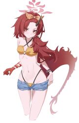 Rule 34 | 1girl, absurdres, bikini, black horns, blue archive, blue shorts, breasts, commentary request, hairband, halo, highres, horns, long hair, looking at viewer, navel, official alternate costume, orange hairband, red hair, red halo, renge (blue archive), renge (swimsuit) (blue archive), short shorts, shorts, simple background, single horn, small breasts, solo, standing, swimsuit, tail, thighs, white background, wide hips, yako mashiro, yellow bikini
