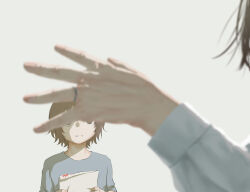 Rule 34 | 1boy, 1girl, absurdres, academic test, avogado6, blue shirt, blurry, blurry foreground, brown hair, commentary, grey background, highres, holding, holding paper, jewelry, long sleeves, mother and son, original, paper, ring, shirt, simple background