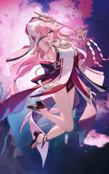 1girl absurdres animal_ears arm_up armpits breasts cherry_blossoms detached_sleeves fox_ears fox_girl full_body genshin_impact hair_between_eyes highres holding long_hair long_sleeves looking_at_viewer night night_sky nontraditional_miko parted_lips pink_hair purple_eyes sandals sky smile solo wuzhihuijia yae_miko