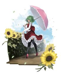 1girl absurdres ascot breasts clothes_pull field flower flower_field green_hair high_heels highres kazami_yuuka open_clothes open_vest outdoors plaid_clothes plaid_skirt plaid_vest red_eyes red_vest shirt short_hair shot_(shot0598) skirt skirt_pull skirt_set smile solo sunflower sunflower_field thighhighs touhou umbrella vest yellow_ascot