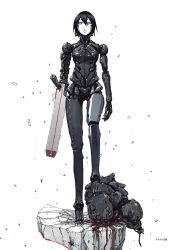 1girl android arm_cannon artbook black_hair blame! bodysuit damaged defeat facial_mark full_body graviton_beam_emitter greyscale hair_between_eyes highres humanoid_robot joints long_legs mechanical_arms mechanical_legs monochrome nihei_tsutomu oil pale_skin robot robot_joints safeguard_(blame!) sanakan short_hair silicon_creature_(blame!) spot_color weapon white_eyes