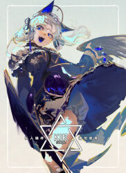 1girl absurdres angel_wings animal_ears bare_legs black_capelet black_dress black_wings bloomers blue_eyes blue_tongue capelet cat_ears chinese_commentary circle_skirt collared_capelet colored_tongue commentary_request cowboy_shot crystal dress eyelashes fangs feathered_wings floating_clothes floating_hair frilled_capelet frills grey_background grey_bloomers halo halo_behind_head high_collar highres looking_at_viewer moruki original sample_watermark short_dress solo sparkle standing teeth underwear upper_teeth_only watermark white_hair white_headphones wind wings