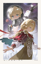 Rule 34 | 1girl, :o, astronaut, blonde hair, blue eyes, border, braid, braided bangs, brown dress, character name, cloak, dress, from side, helmet, highres, kiperina, looking at viewer, low ponytail, multiple views, neckerchief, outside border, planet, ponytail, profile, red cloak, red neckerchief, reverse:1999, smile, space, space helmet, space station, spacesuit, twitter username, white border, white sleeves, zeradok
