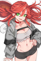 Rule 34 | 1girl, ankomochi142, black shorts, breasts, chest strap, choker, cleavage, collarbone, crop top, gachiakuta, green eyes, grey jacket, hand on own hip, highres, jacket, medium breasts, midriff, navel, red choker, red hair, riyo reaper, short shorts, shorts, simple background, solo, stomach, twintails, white background