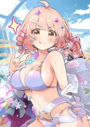 3girls ahoge bare_shoulders beads bikini blonde_hair braid breasts chieru_(princess_connect!) chieru_(winter)_(princess_connect!) chloe_(princess_connect!) chloe_(winter)_(princess_connect!) cleavage commentary_request eyewear_on_head friendship_club_(princess_connect!) hair_ornament hairband halterneck highres ito_ryo jacket jewelry large_breasts multiple_girls navel official_alternate_costume open_clothes open_jacket orange_hair pink_hair princess_connect! purple_bikini side-tie_bikini_bottom star_(symbol) star_hair_ornament star_in_eye string_bikini swimsuit symbol_in_eye tongue tongue_out twin_braids yellow_eyes yuni_(princess_connect!) yuni_(winter)_(princess_connect!)