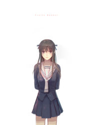 1girl arms_behind_back bad_id bad_pixiv_id blue_skirt brown_hair copyright_name cowboy_shot english_text female_focus fruits_basket honda_tooru long_hair necktie purple_eyes school_uniform serafuku skirt solo tg_(ttague) white_background