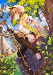 1girl absurdres atelier_(series) atelier_ryza atelier_ryza_1 blurry blurry_background blush brown_eyes brown_hair closed_mouth cyan_paint gloves hair_between_eyes hat highres holding holding_staff jacket jewelry necklace open_clothes open_jacket reisalin_stout short_hair signature single_glove sitting sleeveless sleeveless_jacket smile solo staff star_(symbol) star_necklace tree white_hat windmill yellow_jacket