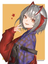 Rule 34 | 1girl, :d, antenna hair, apron, arknights, black apron, border, commentary request, grey hair, hand up, highres, jacket, looking at viewer, multicolored hair, open mouth, orange eyes, outside border, plaid clothes, plaid shirt, purple shirt, red hair, red jacket, red star, shirt, short hair, simple background, single sleeve past wrist, smile, solo, star (symbol), streaked hair, tktktk0609, twitter username, upper body, w (arknights), white border, yellow background