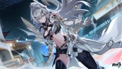 Rule 34 | 1girl, 3boys, asymmetrical pants, black pants, breasts, cleavage, crop top, dutch angle, erdos helia, game cg, gloves, grey gloves, grey hair, headpiece, highres, honkai (series), honkai impact 3rd, large breasts, long hair, looking at viewer, midriff, multiple boys, navel, night, night sky, official art, outdoors, pants, ponytail, sky, solo focus, standing, stomach, stomach tattoo, tattoo, thighs, very long hair, yellow eyes