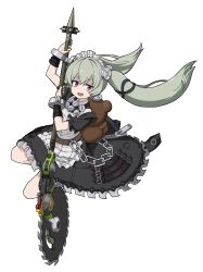 1girl animal_bag apron bear_bag black_dress black_nails circular_saw commentary corin_wickes cuffs dress full_body green_hair hair_between_eyes highres holding holding_weapon kirishima_naruse long_hair looking_at_viewer maid maid_apron maid_headdress open_mouth puffy_short_sleeves puffy_sleeves purple_eyes saw screw_hair_ornament short_sleeves simple_background solo twintails weapon white_apron zenless_zone_zero zipper_pull_tab
