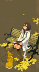 Rule 34 | 1girl, autumn, autumn leaves, bad id, bad pixiv id, bench, black socks, book, boots, brown background, brown boots, brown hair, closed umbrella, coat, dog, female focus, fur trim, ginkgo leaf, ginkgo tree, glasses, green eyes, jimu kaji, kajimiya (kaji), knee boots, kneehighs, knees together feet apart, leaf, leash, looking up, miniskirt, original, pleated skirt, short hair, sitting, skirt, socks, solo, umbrella, welsh corgi