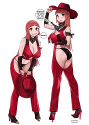 Rule 34 | 1girl, absurdres, aki-chan (dismaiden), artist name, ass, ass cutout, bandana, bandana around arm, bare shoulders, bikini, black bikini, black footwear, blunt bangs, blunt ends, blush, boots, breasts, brown eyes, chaps, cleavage, cleavage cutout, clothing cutout, colored shoe soles, commentary, cowboy hat, crotch cutout, dismaiden, dot nose, english commentary, english text, flag gun, fringe trim, full body, gun, hand on headwear, handgun, hat, high heel boots, high heels, highres, holding, holding gun, holding toy, holding weapon, huge breasts, large breasts, leaning forward, long hair, looking at viewer, multiple views, navel, no bra, open mouth, original, raised eyebrow, red hair, red headwear, revealing clothes, revolver, simple background, smile, speech bubble, standing, stiletto heels, string bikini, swimsuit, teeth, toy, toy gun, twisted torso, twitter username, underboob, unworn headwear, upper teeth only, very long hair, weapon, white background