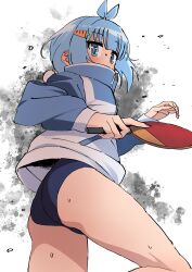 Rule 34 | 1girl, abstract background, absurdres, ass, blue bow, blue buruma, blue eyes, blue jacket, blush, bow, bun cover, buruma, carrot hair ornament, covered mouth, feet out of frame, food-themed hair ornament, grey background, hair bow, hair bun, hair ornament, high collar, highres, holding, holding paddle, itsumo hokuto, jacket, long sleeves, looking at viewer, looking back, paddle, sadamoto hokuto, shakunetsu no takkyuu musume, short hair, single hair bun, solo, sweat, table tennis paddle, track jacket, turtleneck, turtleneck jacket, twisted torso, white background