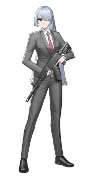 Rule 34 | 1girl, absurdres, ak-15, ak-15 (erwin) (girls&#039; frontline), ak-15 (girls&#039; frontline), assault rifle, black jacket, black pants, black shoes, black suit, cheogtanbyeong, closed mouth, collared shirt, commentary request, formal clothes, girls&#039; frontline, girls&#039; frontline 2: exilium, grey hair, gun, hair over one eye, highres, holding, holding gun, holding weapon, jacket, kalashnikov rifle, korean commentary, long hair, necktie, official alternate costume, pants, purple eyes, red necktie, red pupils, rifle, shirt, shoes, simple background, solo, suit, trigger discipline, voymastina (girls&#039; frontline 2), weapon, white background, white shirt