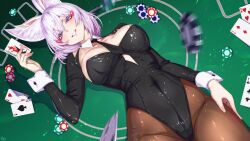 1girl absurdres alternate_breast_size alternate_costume animal_ear_fluff animal_ears black_leotard black_necktie black_pantyhose blush breasts card commentary commentary_request covered_navel cowboy_shot detached_collar detached_sleeves english_commentary fox_ears fox_girl grin highres holding holding_card large_breasts leotard long_sleeves looking_at_viewer lying medium_hair mixed-language_commentary momoyama_tits motion_blur necktie on_back on_table pantyhose phase_connect playing_card poker_chip poker_table purple_eyes smile solo table teeth tenma_maemi virtual_youtuber white_hair white_wrist_cuffs wrist_cuffs