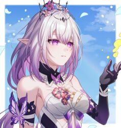 1girl black_tiara breasts bright_pupils bug butterfly castorice_(honkai:_star_rail) dress elbow_gloves flower gloves gradient_gloves grey_hair hair_flower hair_ornament highres honkai:_star_rail honkai_(series) insect long_hair medium_breasts multicolored_hair parted_lips pochimaru_(marumaru_wanwan) purple_eyes purple_hair smile solo tiara two-tone_hair upper_body white_dress white_pupils